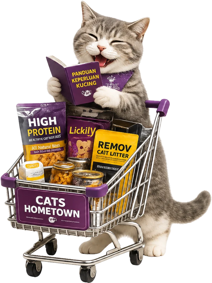 Kucing bersama troli membeli-belah penuh produk Cats Hometown